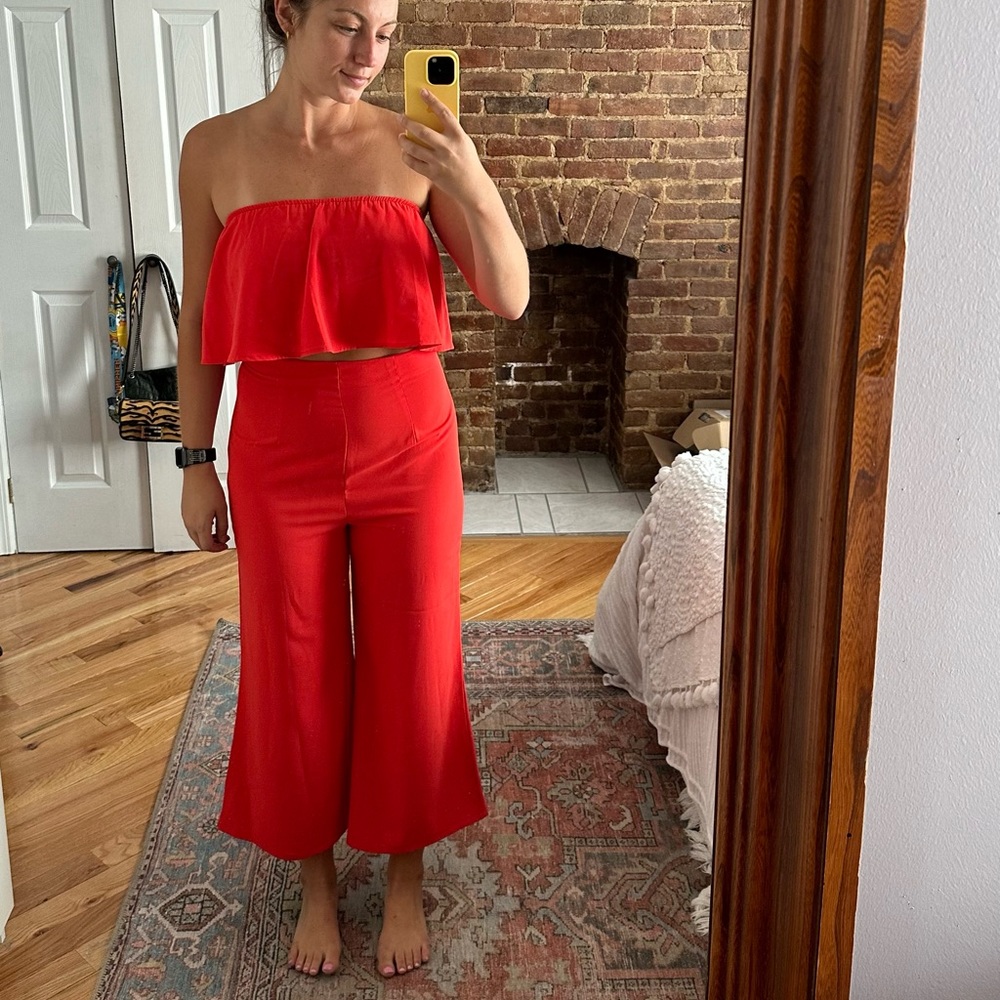 Revolve Super Down Red Crop Top & Pant Set